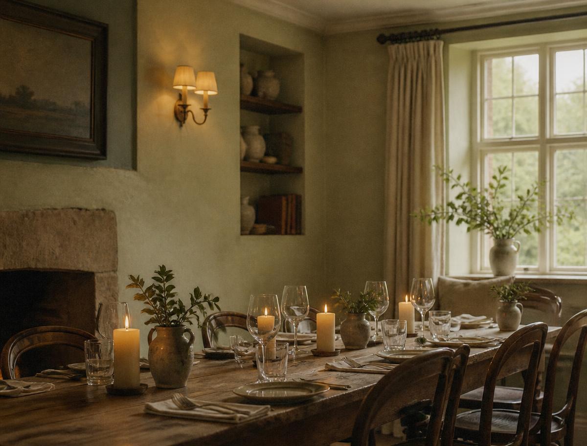 Candlelit oak table laid for dinner in the dining room at Ashford House