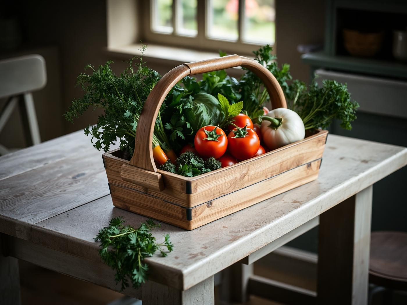 Freshly cut vegetables and herbs in a wooden trug on a stone kitchen table