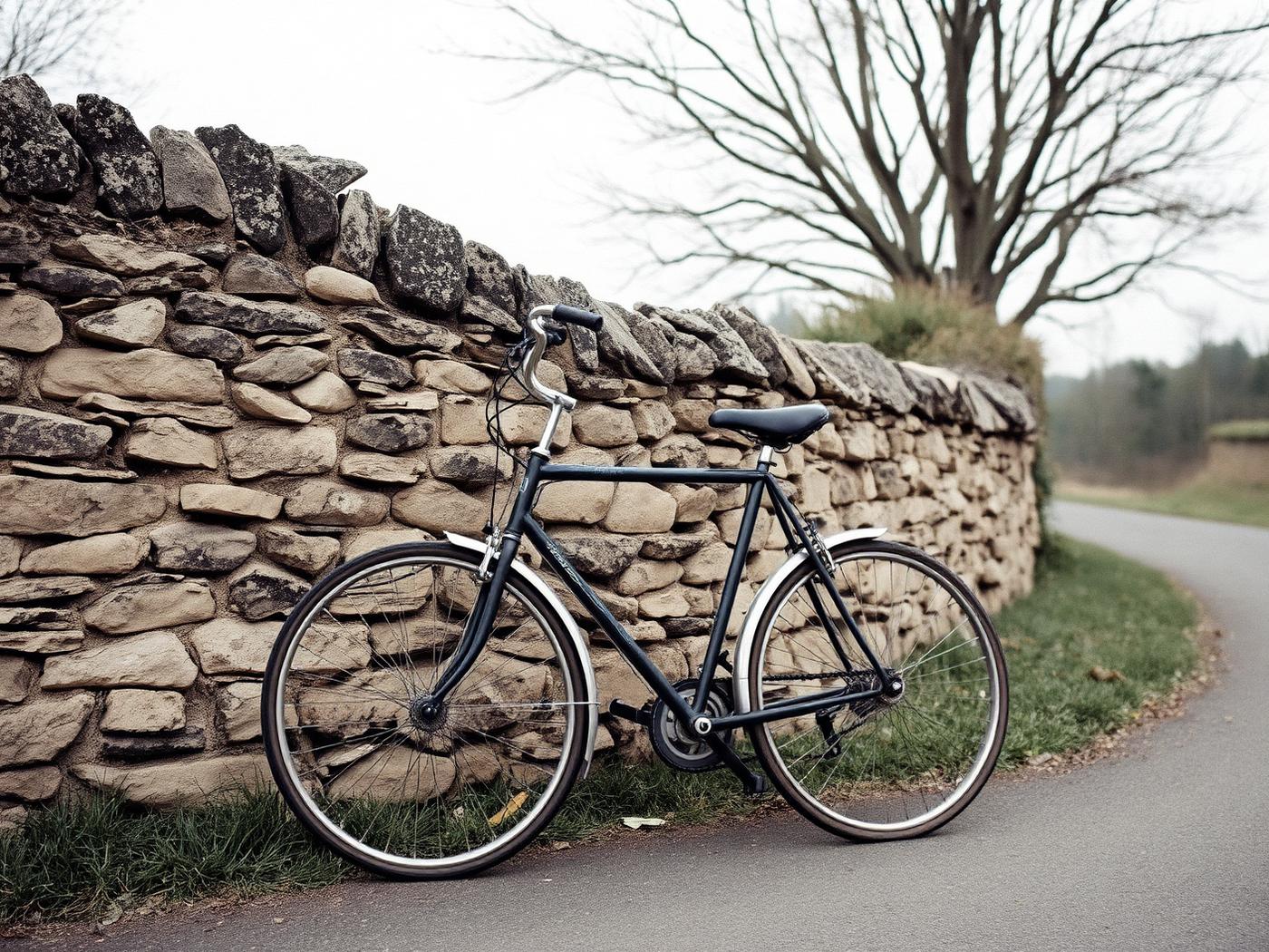 A steel bicycle leaning against a dry stone wall on a Cotswold lane