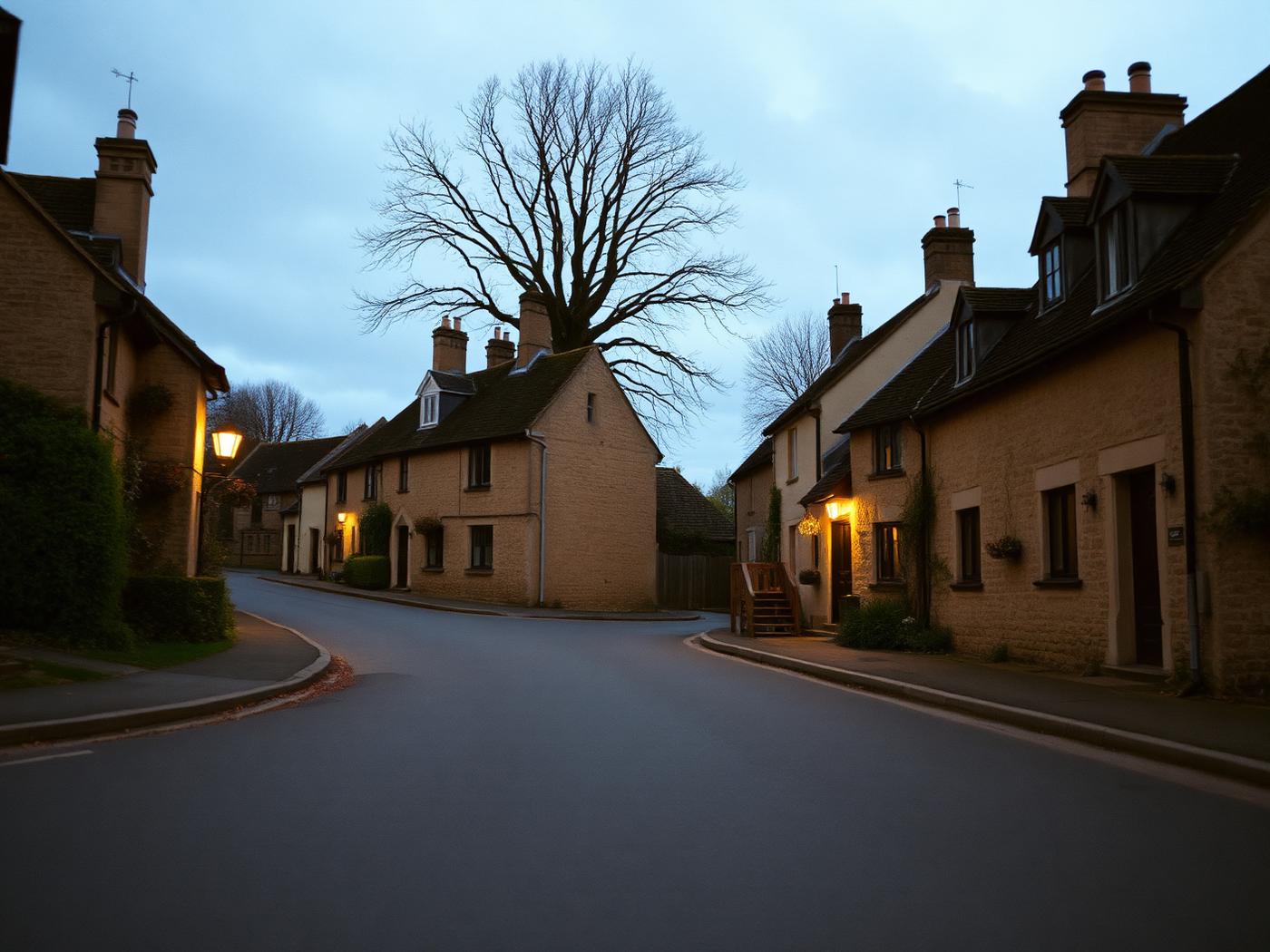 A quiet honey-stone Cotswold village street at dusk