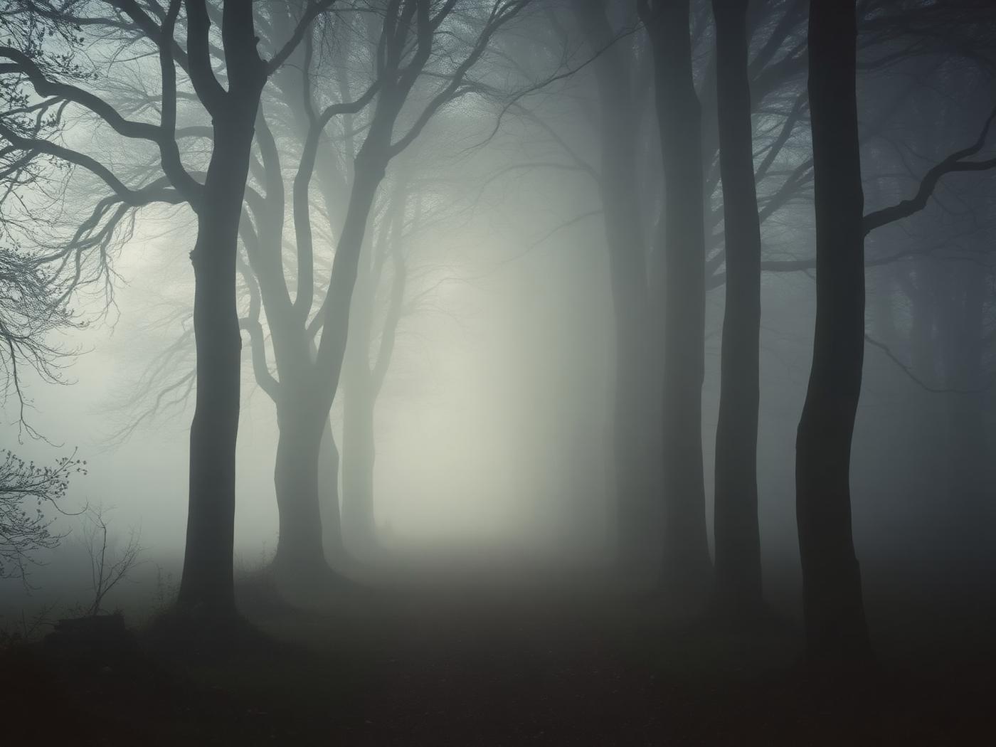 Misty footpath through beech woodland at dawn in the Cotswolds