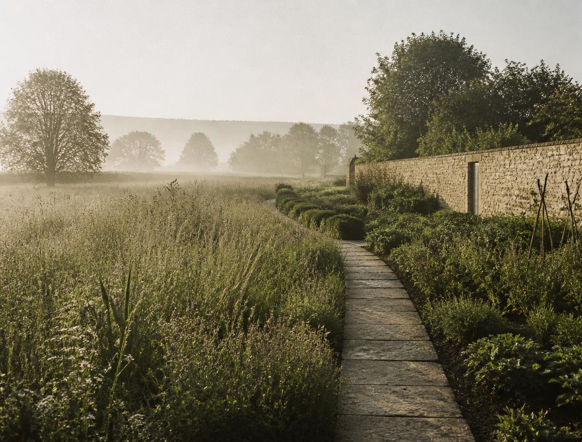 Stone path through misted Cotswold meadow beside the walled garden at dawn