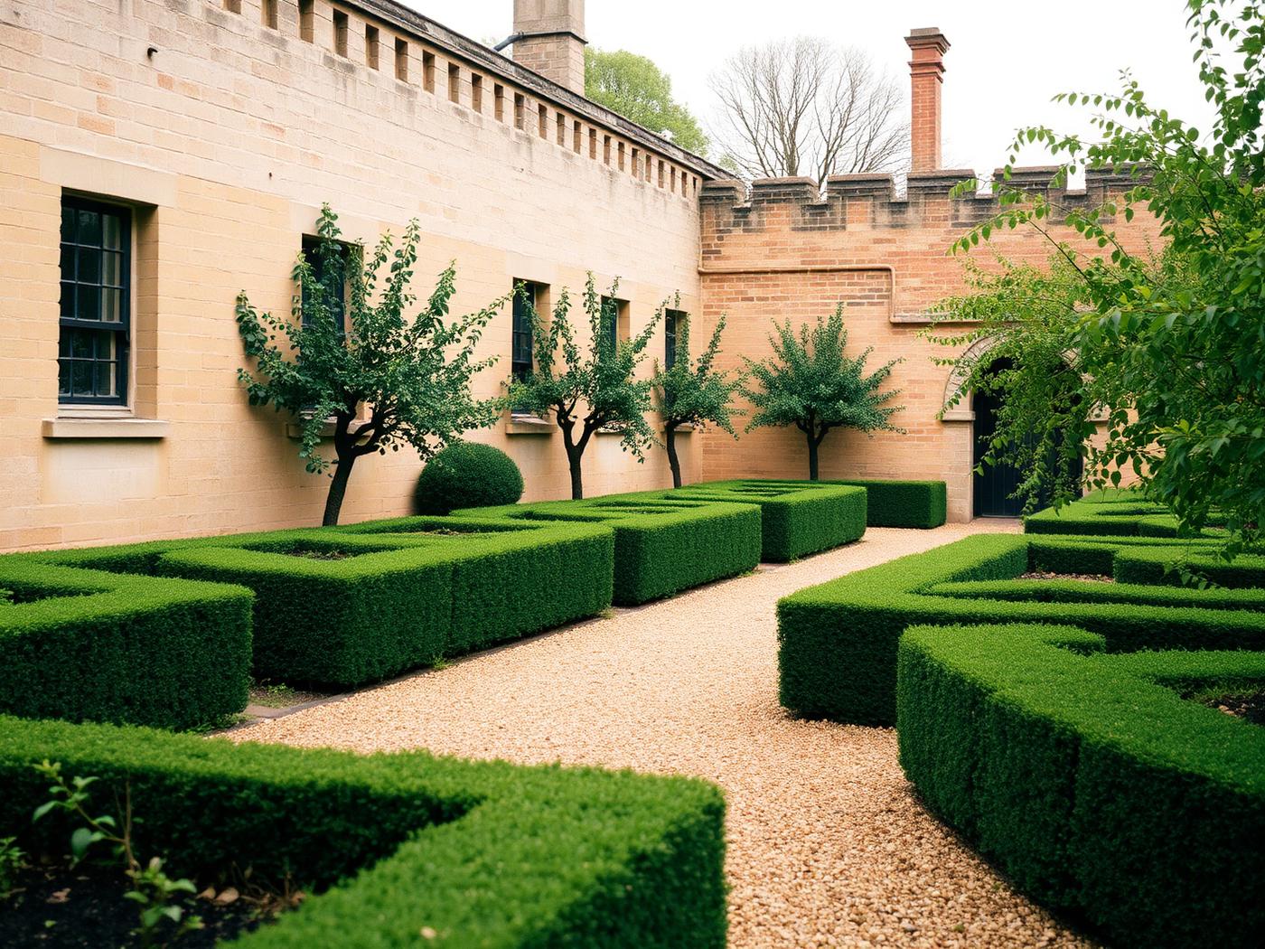 Clipped hedging and gravel paths in the walled garden at Ashford House