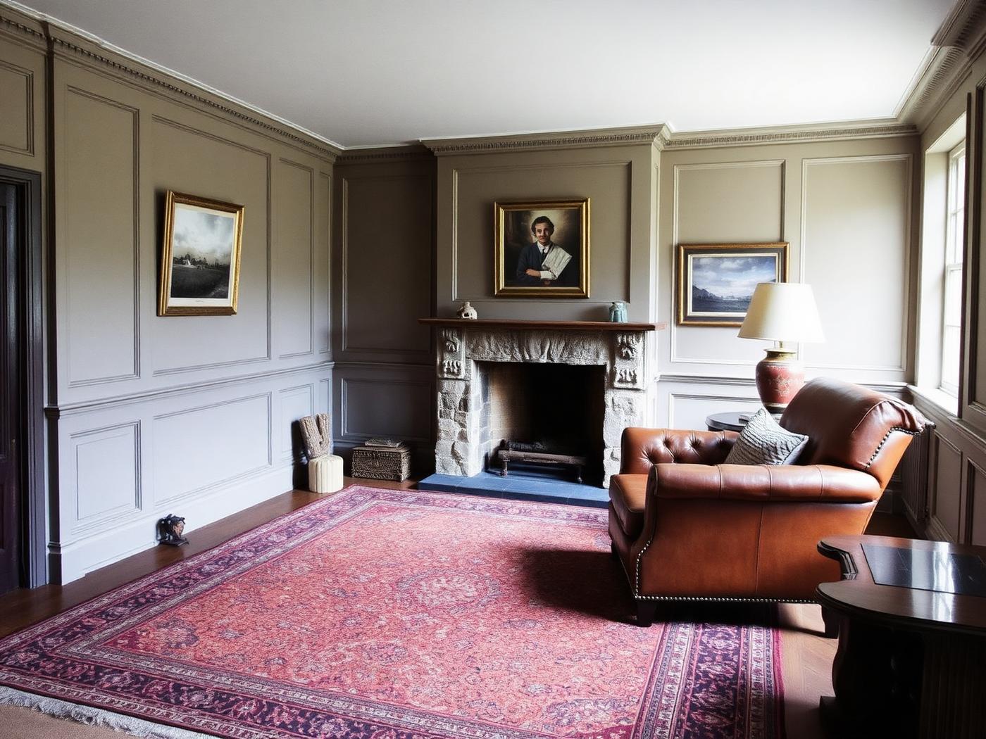 A lamplit drawing room with antique furniture and lime-washed walls