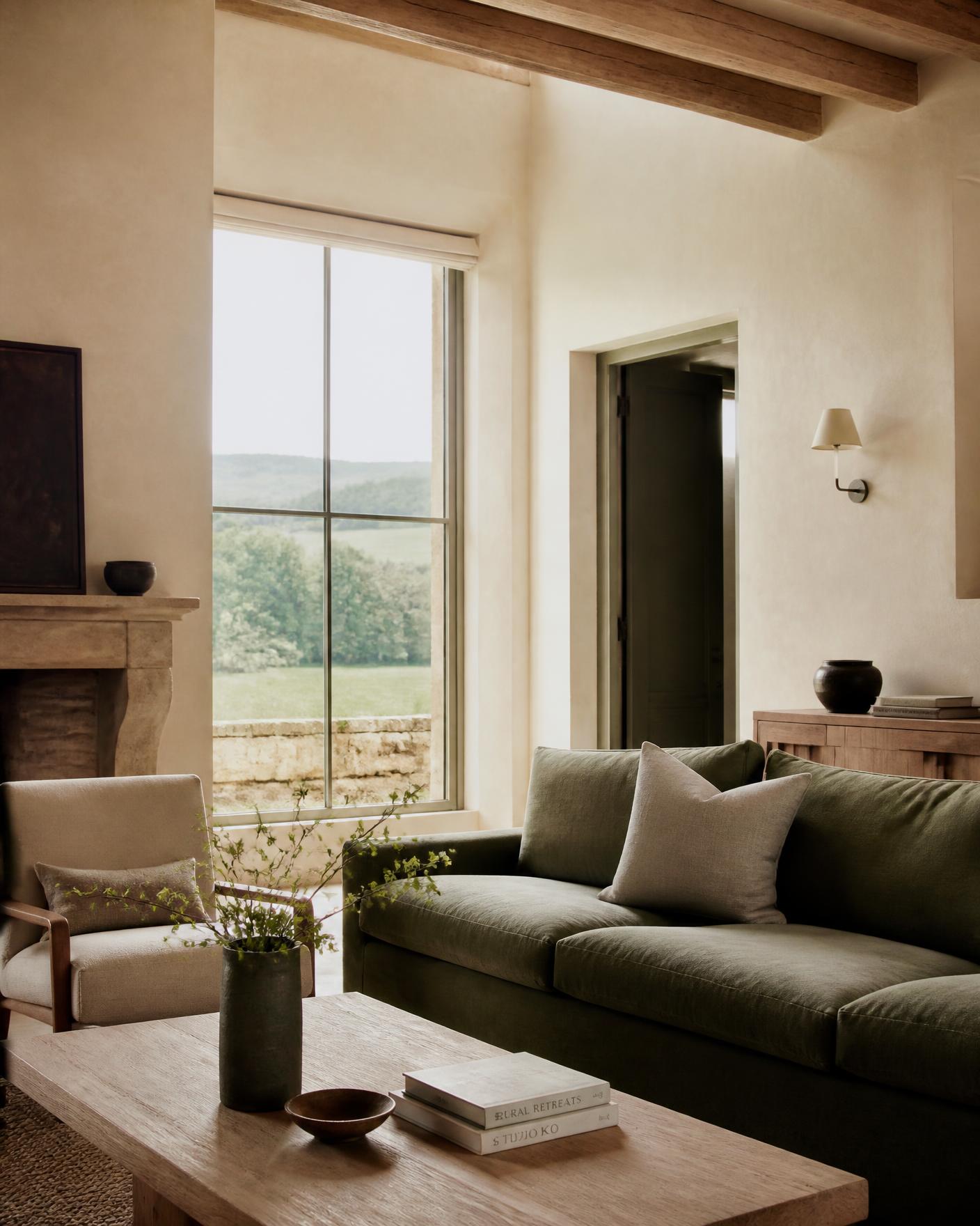 Drawing room at Ashford House with olive linen sofa, oak beams and a window onto the fields