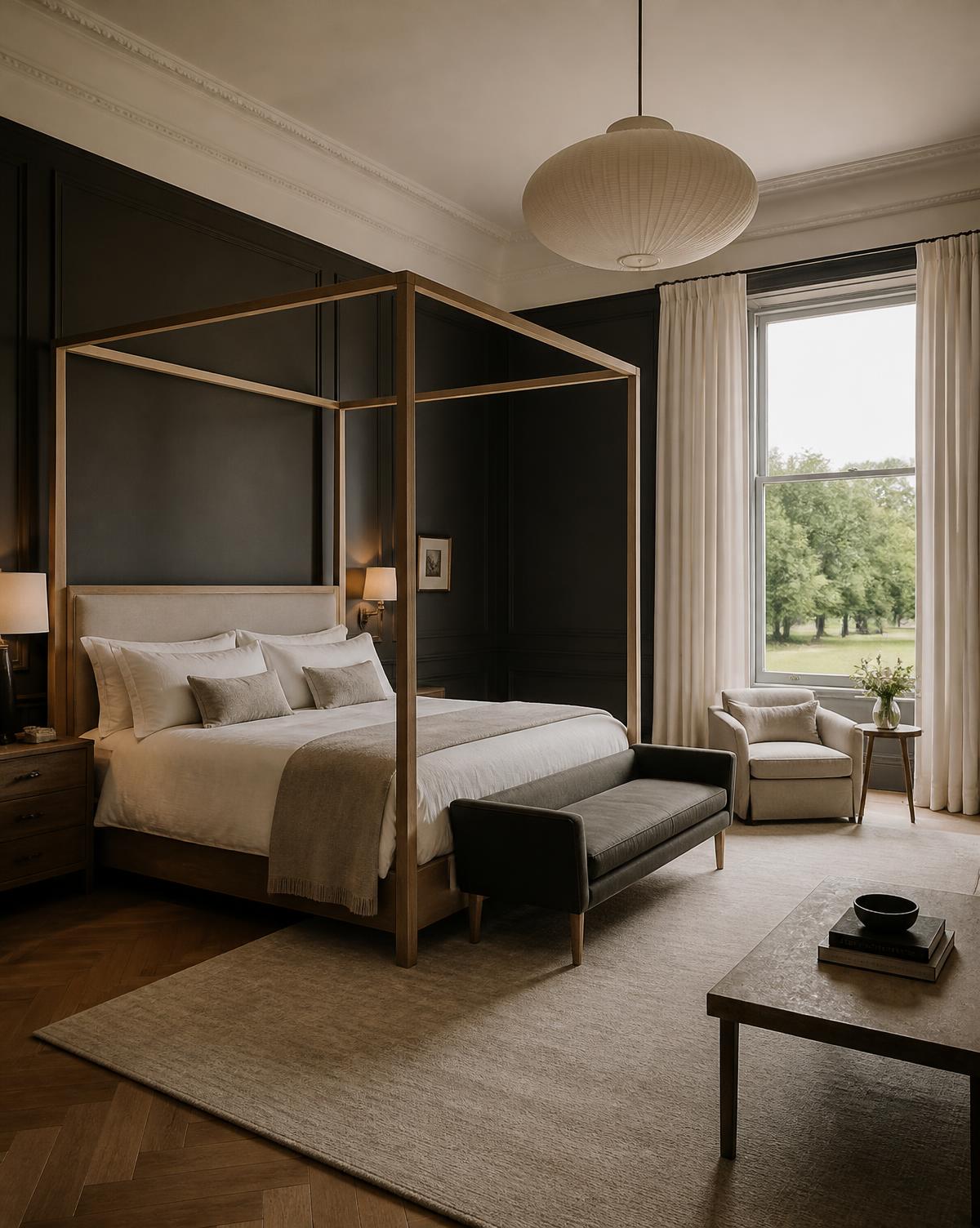 The Manor Suite with charcoal panelling and parkland views