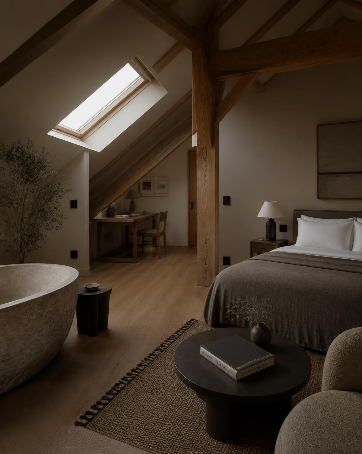 The Oak Suite beneath exposed oak beams with a stone bath